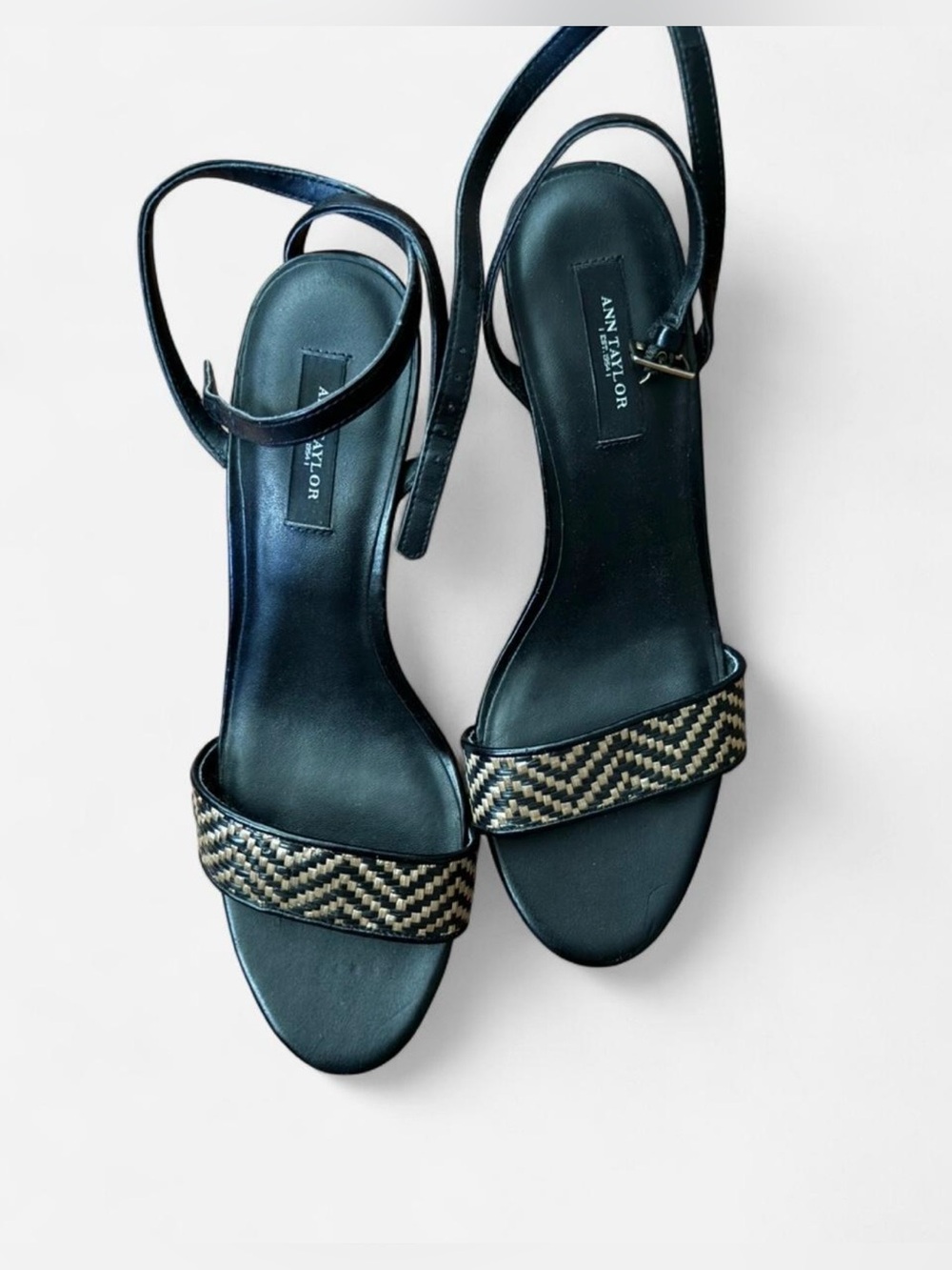 Ann Taylor Black Sandals with Gold-Brown Woven Strap